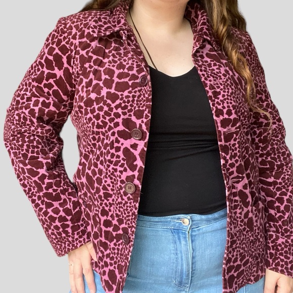 Y2k pink giraffe printed corduroy button up collared coat - Picture 4 of 7